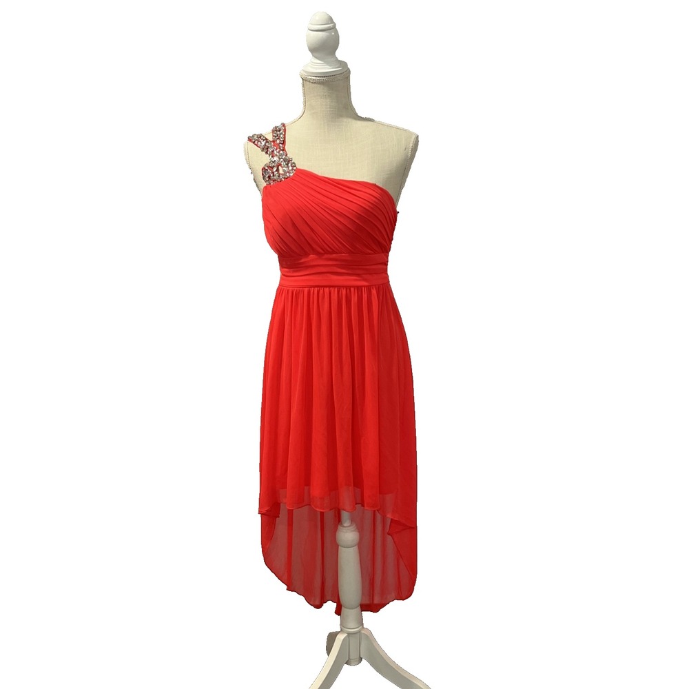 Vintage Y2K Deb Dress Size 5 Pink High Low Pleated Top Beaded Strap Prom Formal